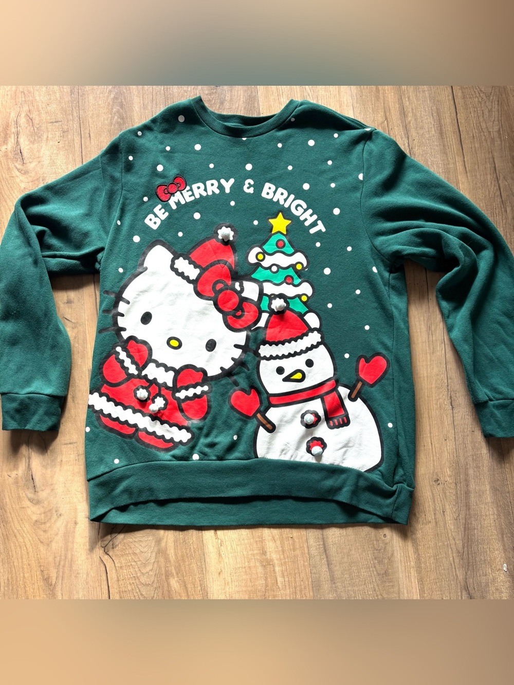 Hello Kitty Sanrio Green 'Be Merry & Bright' Holiday Sweatshirt with Red Accents